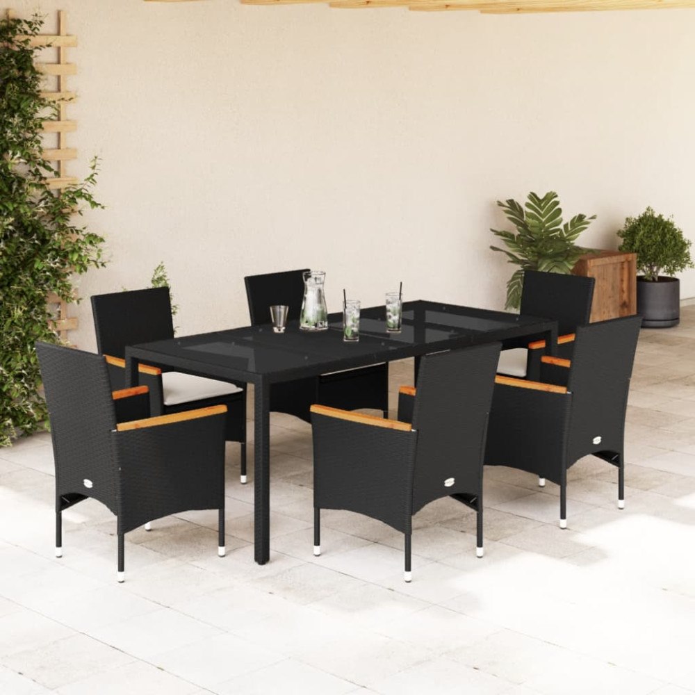 vidaXL Matgrupp för trädgård med dynor 7 delar svart konstrotting&glas