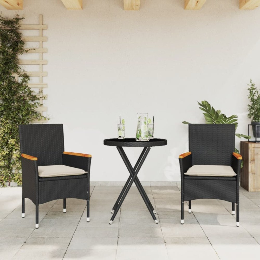 vidaXL Bistrogrupp med dynor 3 delar svart konstrotting och glas