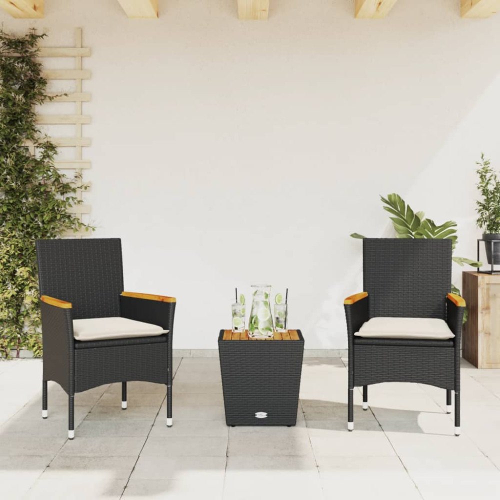 vidaXL Bistrogrupp med dynor 3 delar svart konstrotting och glas