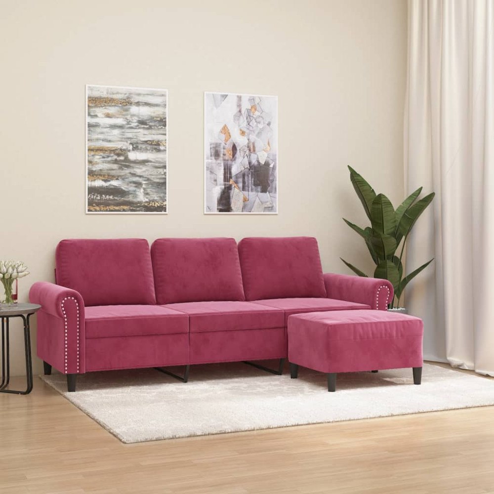 vidaXL 3-sitssoffa med fotstöd vinröd 180 cm sammet
