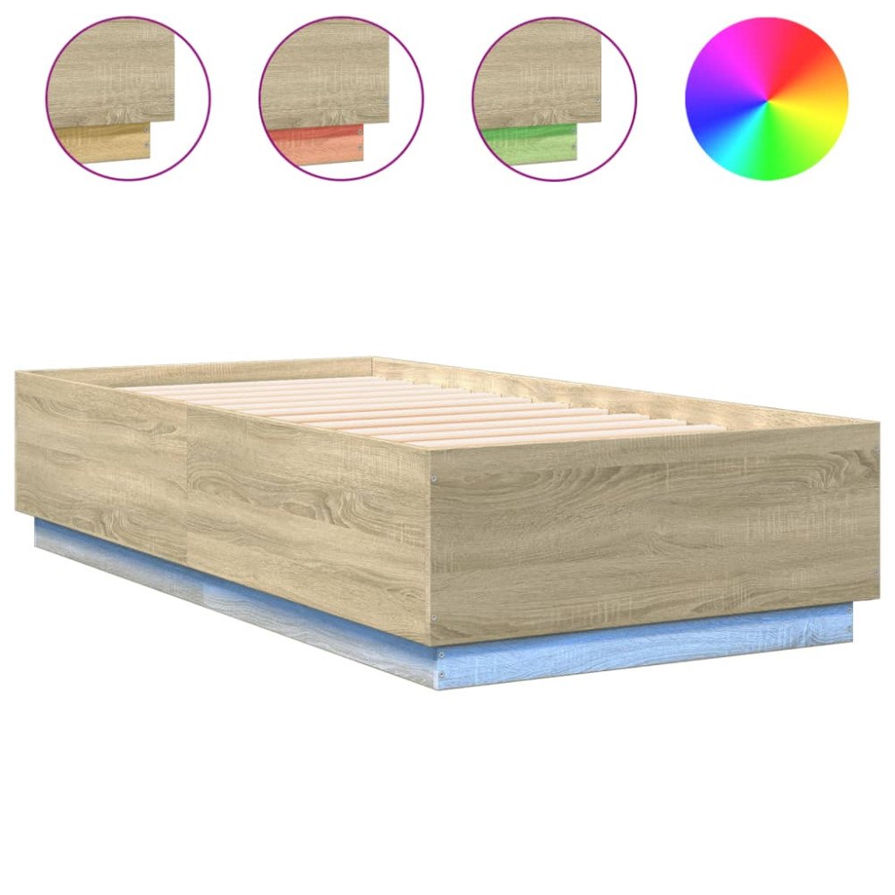 vidaXL Sängram med LEDs sonoma-ek 75x190 cm konstruerat trä