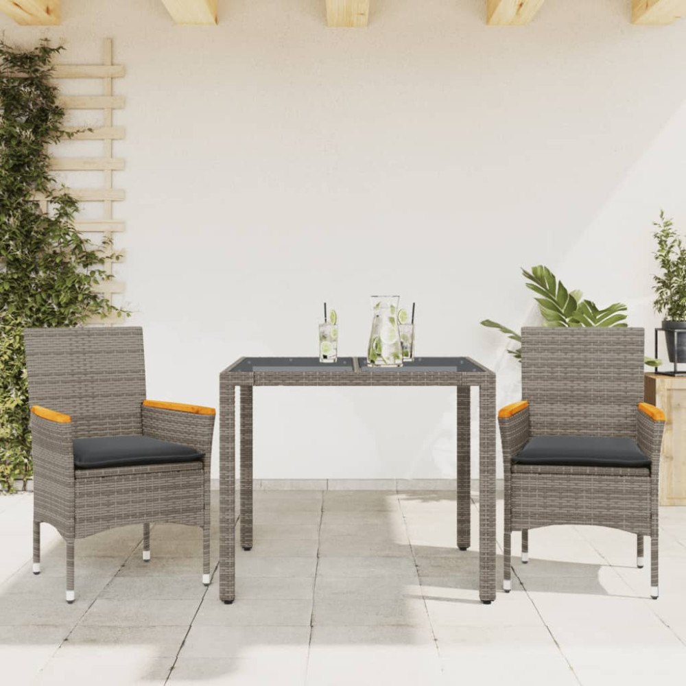 vidaXL Matgrupp för trädgården med dynor 3 delar grå konstrotting&glas