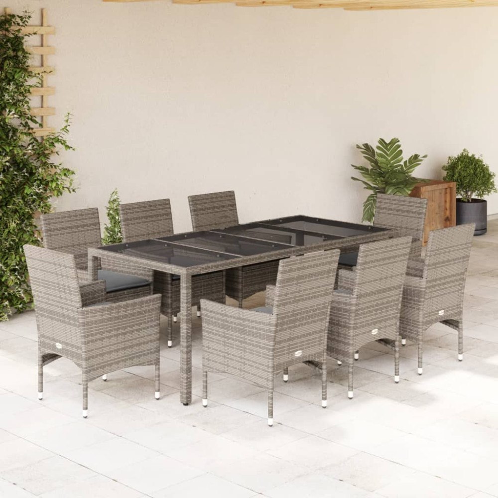 vidaXL Matgrupp för trädgården med dynor 9 delar grå konstrotting&glas