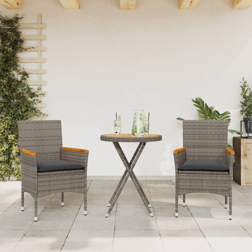 vidaXL Bistrogrupp med dynor 3 delar grå konstrotting och akaciaträ