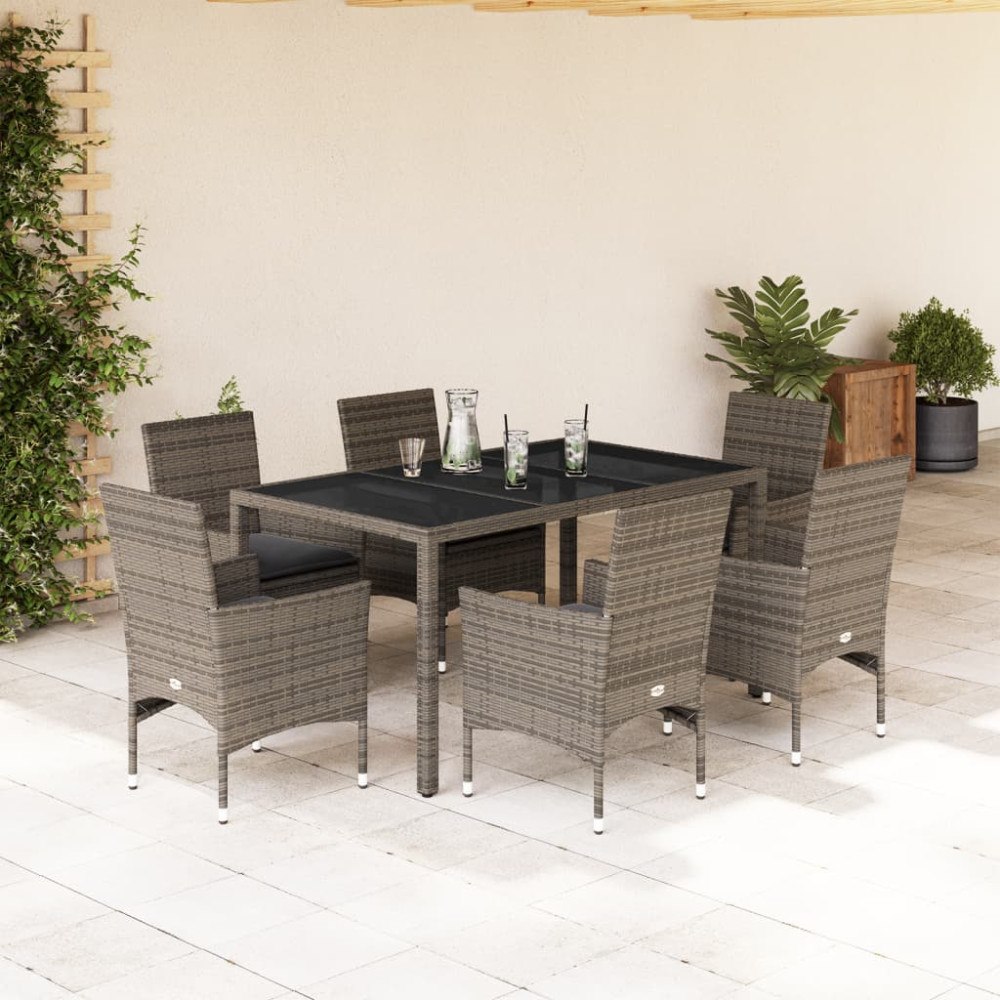 vidaXL Matgrupp för trädgården med dynor 7 delar grå konstrotting&glas