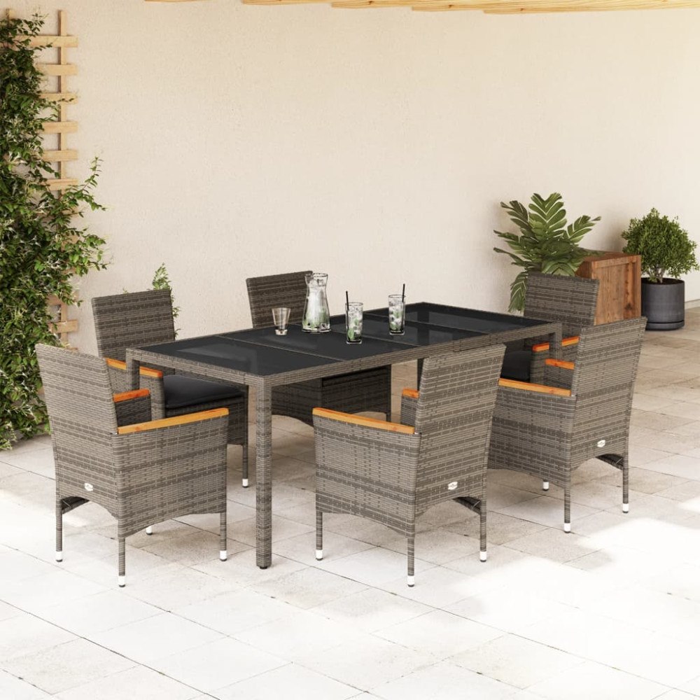 vidaXL Matgrupp för trädgården med dynor 7 delar grå konstrotting&glas