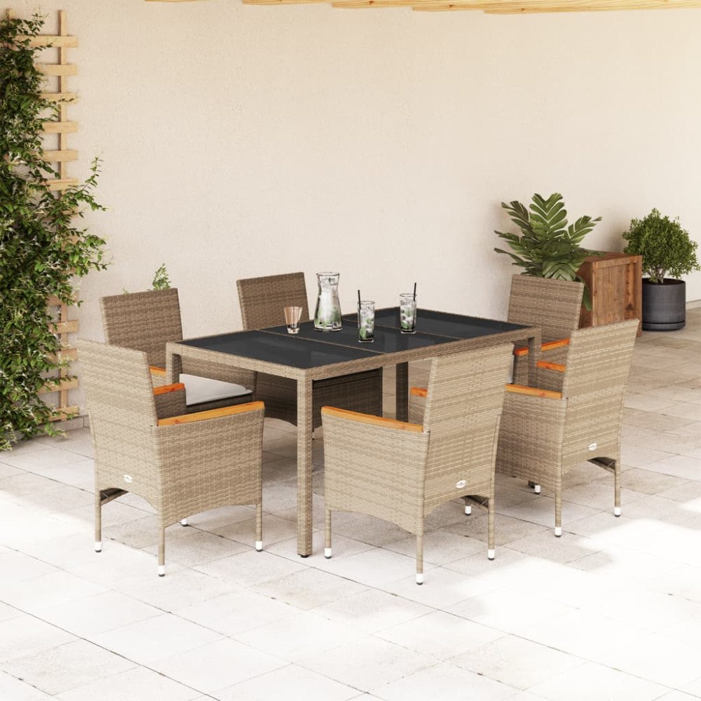 vidaXL Matgrupp för trädgård med dynor 7 delar beige konstrotting&glas