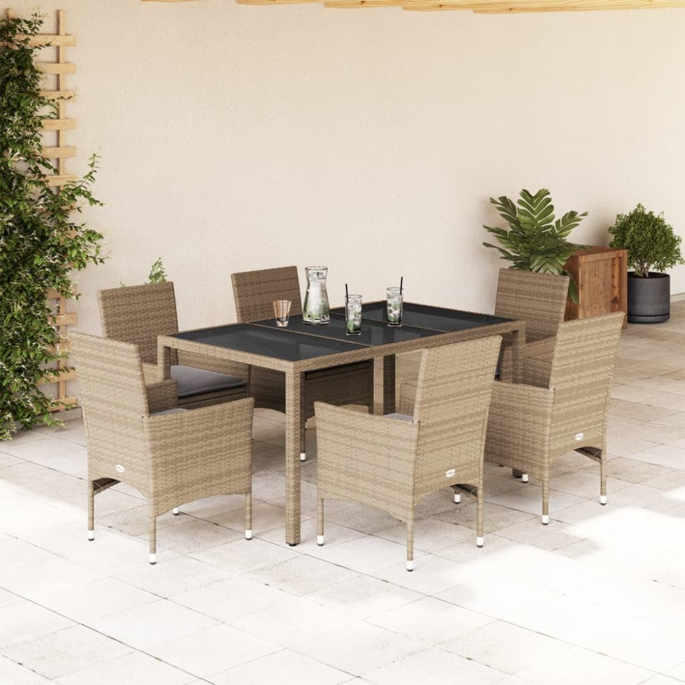 vidaXL Matgrupp för trädgård med dynor 7 delar beige konstrotting&glas