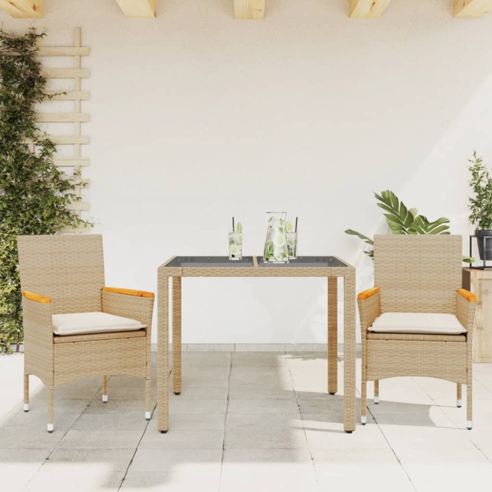 vidaXL Matgrupp för trädgård med dynor 3 delar beige konstrotting&glas