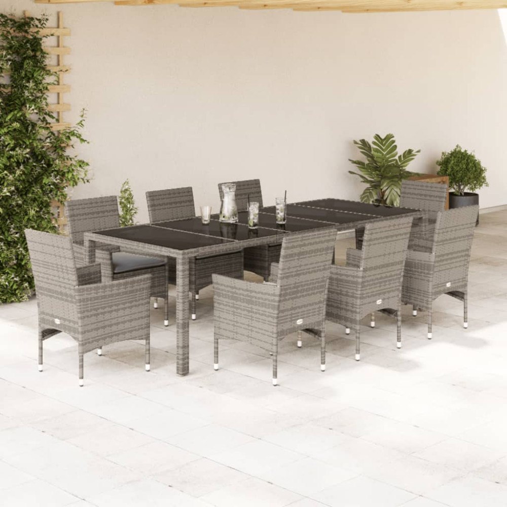 vidaXL Matgrupp för trädgården med dynor 9 delar grå konstrotting&glas