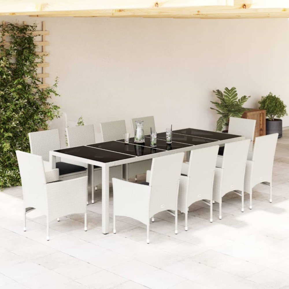 vidaXL Matgrupp för trädgård med dynor 11 delar vit konstrotting&glas