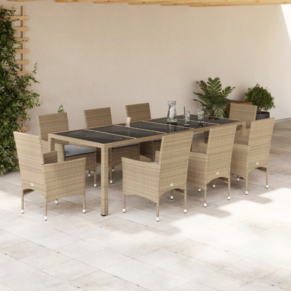 vidaXL Matgrupp för trädgård med dynor 9 delar beige konstrotting&glas