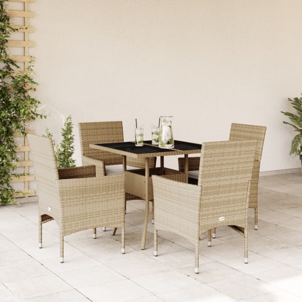 vidaXL Matgrupp för trädgård med dynor 5 delar beige konstrotting&glas