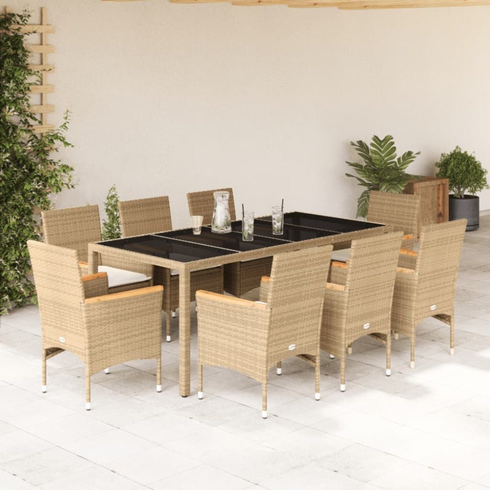 vidaXL Matgrupp för trädgård med dynor 9 delar beige konstrotting&glas