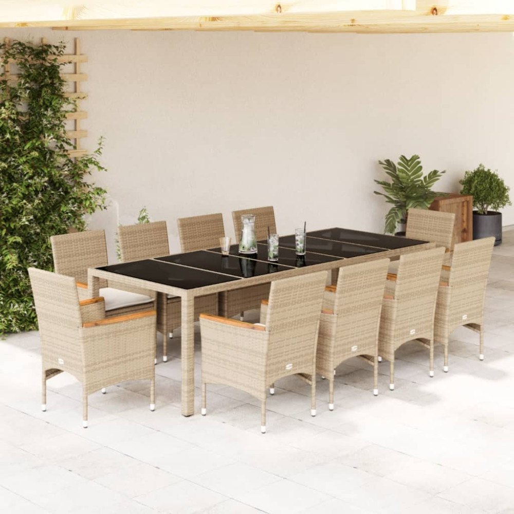 vidaXL Matgrupp för trädgård med dynor 11delar beige konstrotting&glas