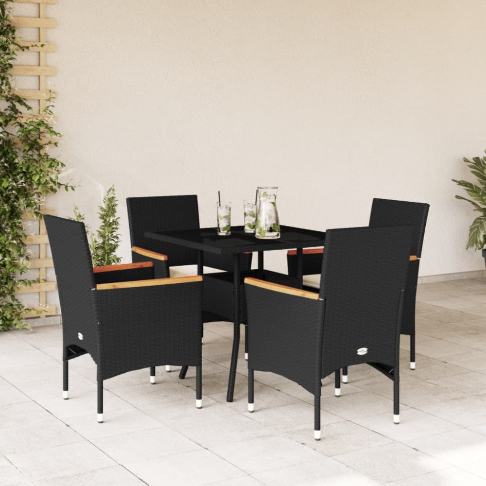 vidaXL Matgrupp för trädgård med dynor 5 delar svart konstrotting&glas