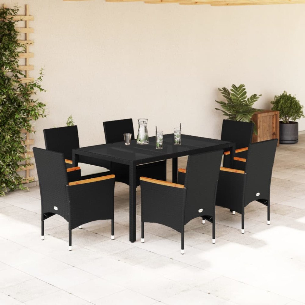 vidaXL Matgrupp för trädgård med dynor 7 delar svart konstrotting&glas
