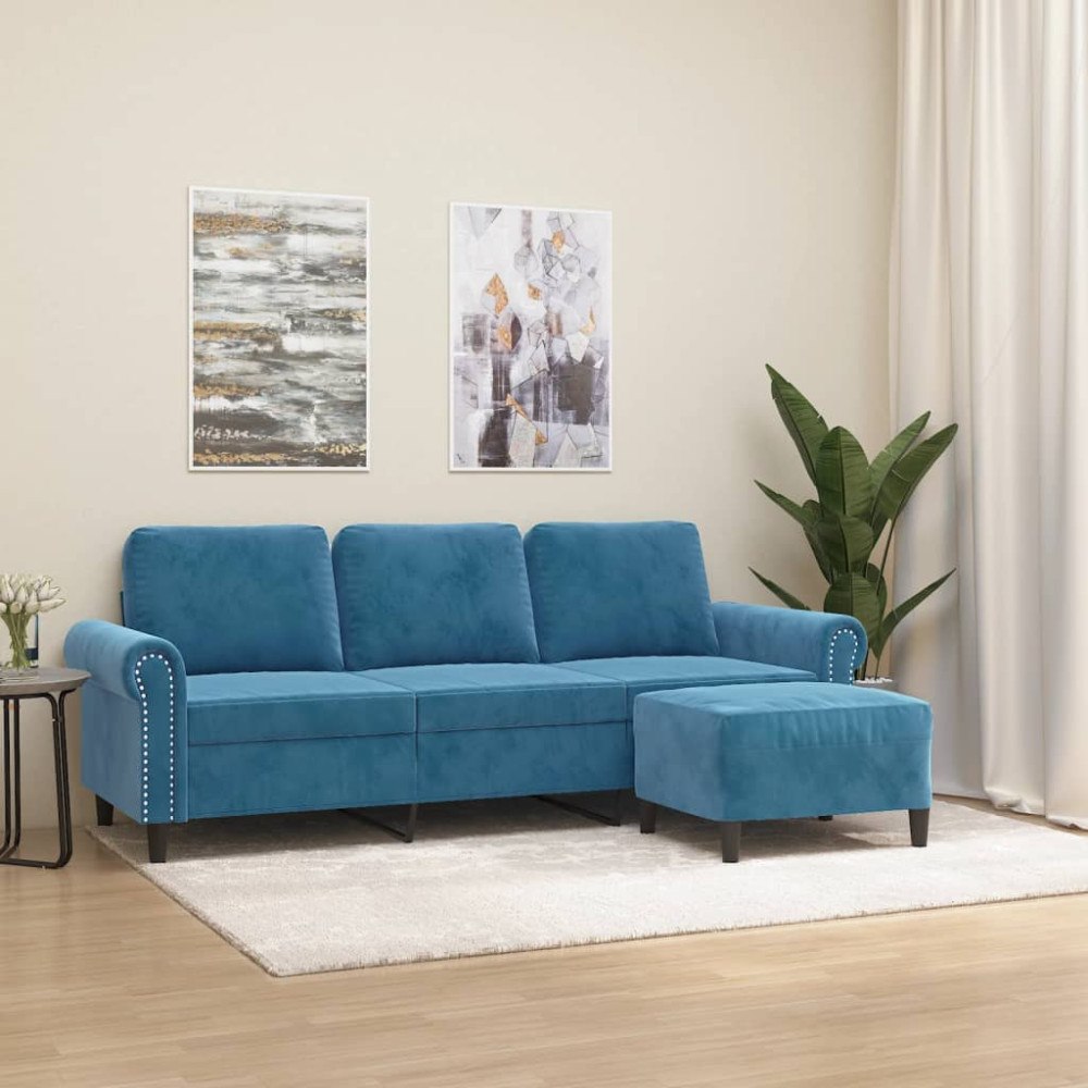 vidaXL 3-sitssoffa med fotpall blå 180 cm sammet