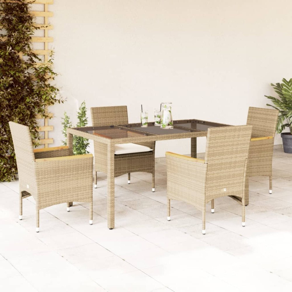 vidaXL Matgrupp för trädgård med dynor 5 delar beige konstrotting&glas