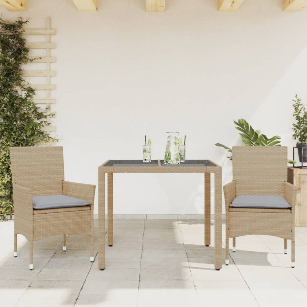 vidaXL Matgrupp för trädgård med dynor 3 delar beige konstrotting&glas