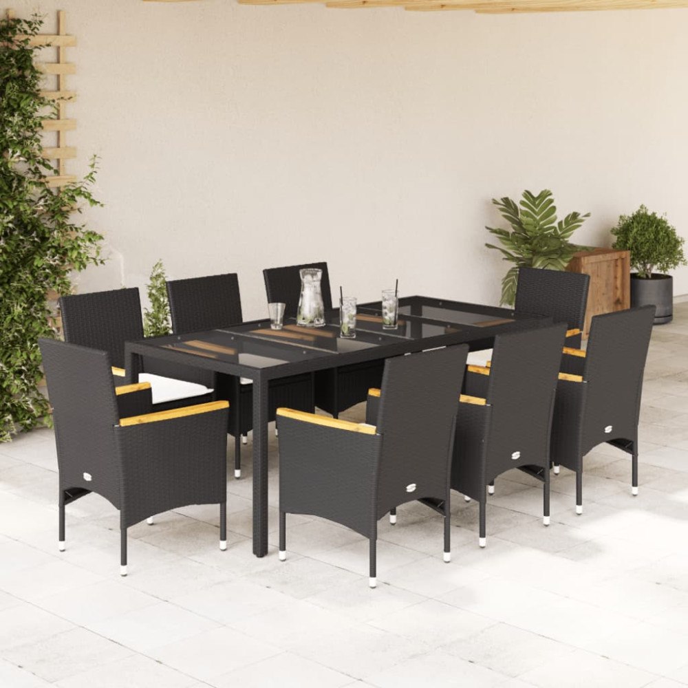 vidaXL Matgrupp för trädgård med dynor 9 delar svart konstrotting&glas