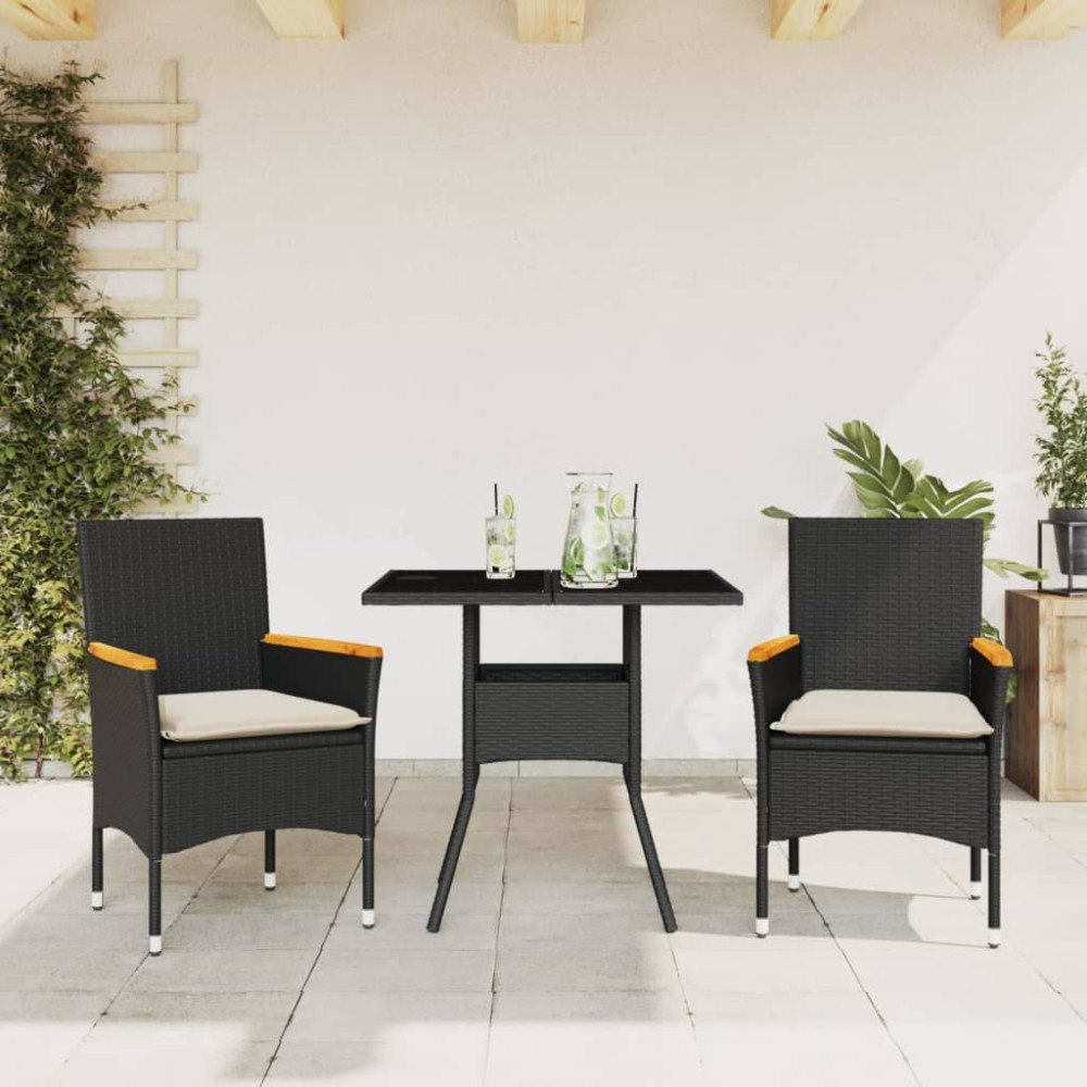 vidaXL Matgrupp för trädgård med dynor 3 delar svart konstrotting&glas