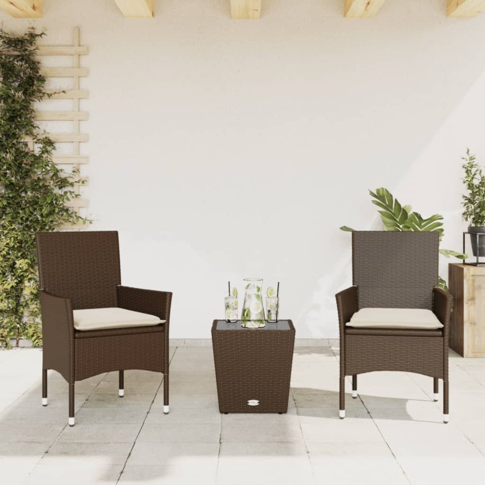vidaXL Bistrogrupp med dynor 3 delar brun konstrotting och glas