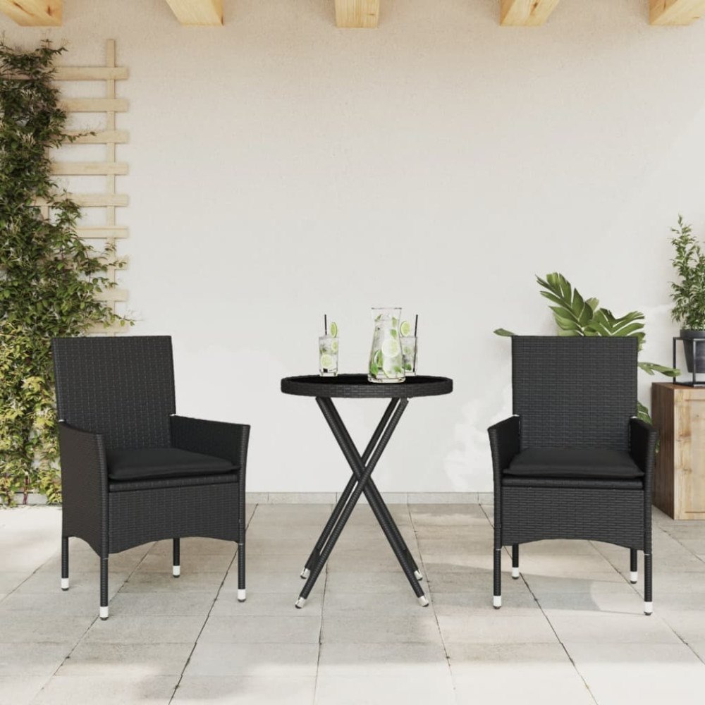 vidaXL Bistrogrupp med dynor 3 delar svart konstrotting och glas