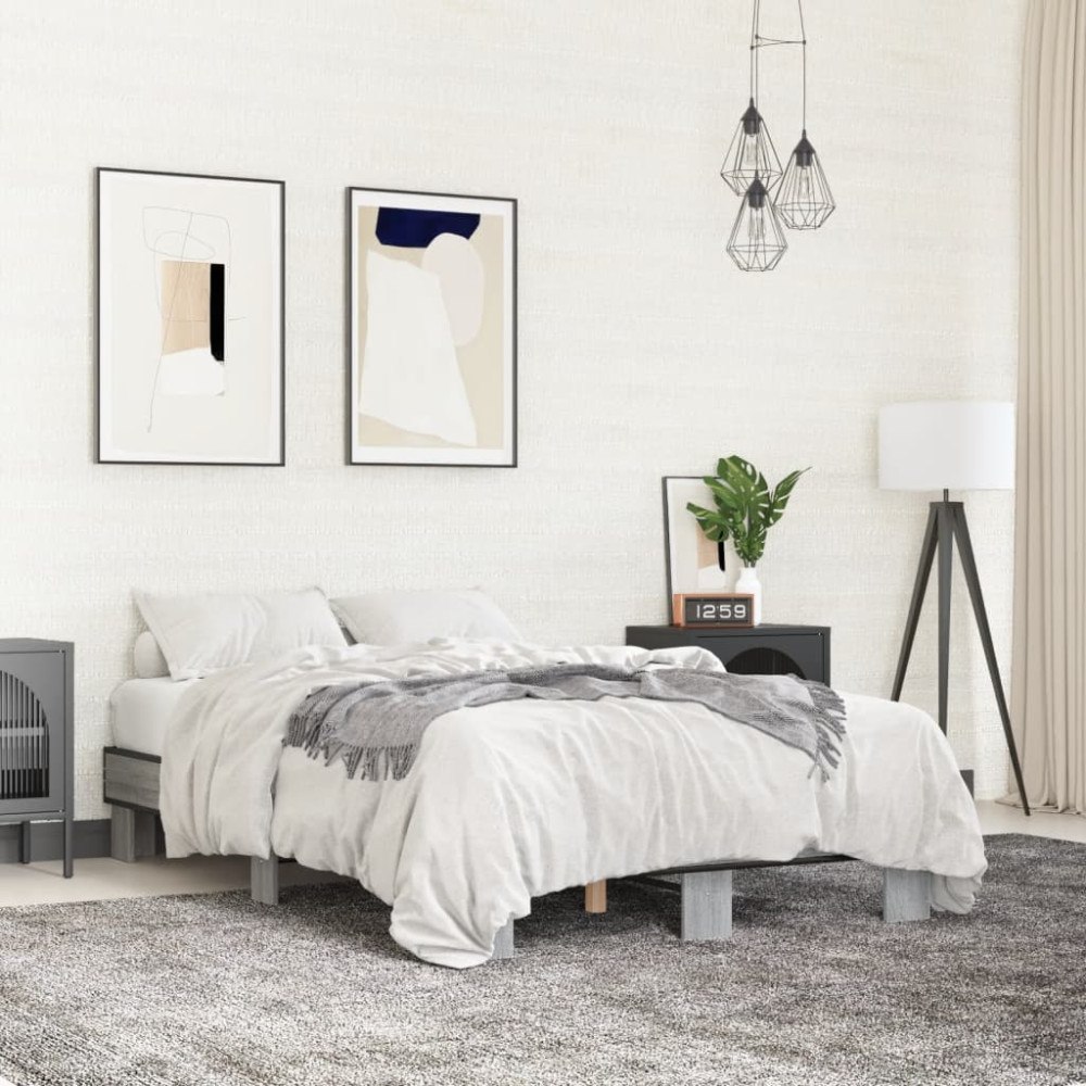 vidaXL Sängram grå sonoma 135x190 cm konstruerat trä och metall