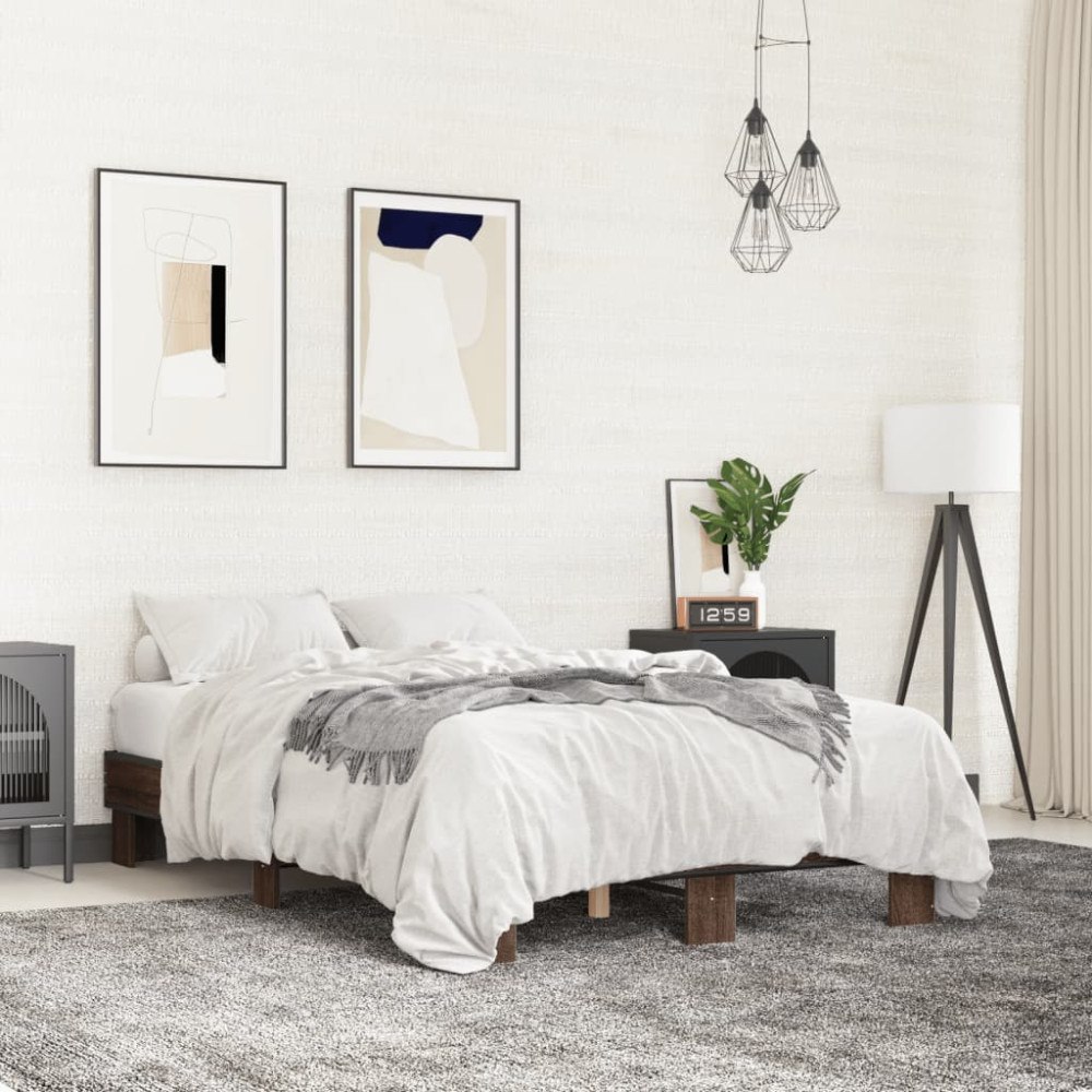 vidaXL Sängram brun ek 135x190 cm konstruerat trä och metall