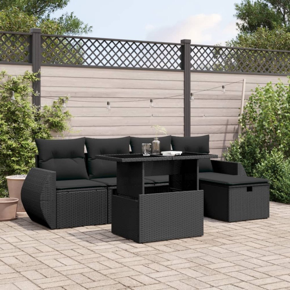 vidaXL Loungegrupp med dynor 6 delar svart konstrotting