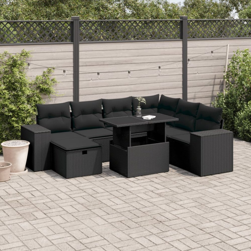 vidaXL Loungegrupp för trädgården med dynor 8 delar svart konstrotting