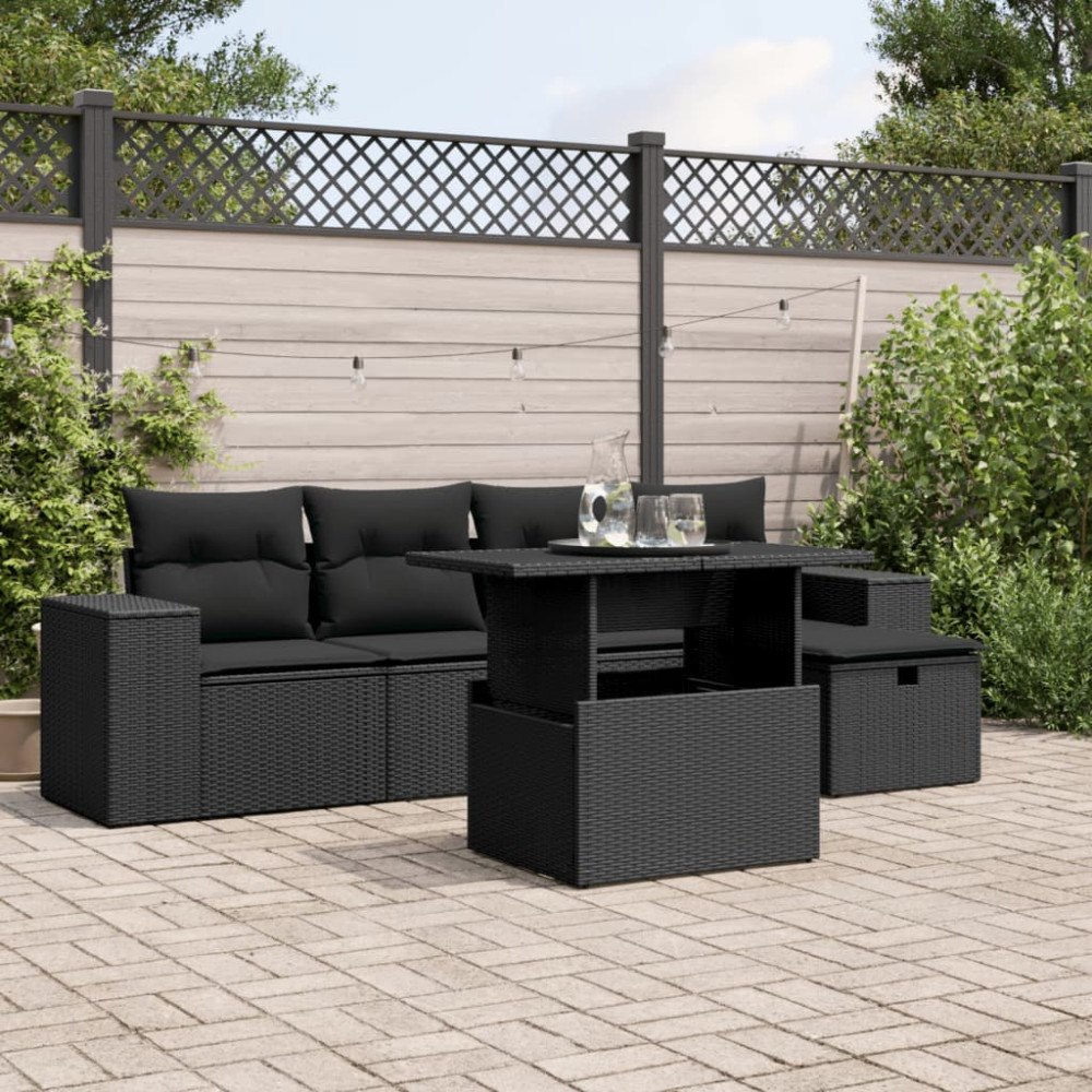 vidaXL Loungegrupp med dynor 6 delar svart konstrotting