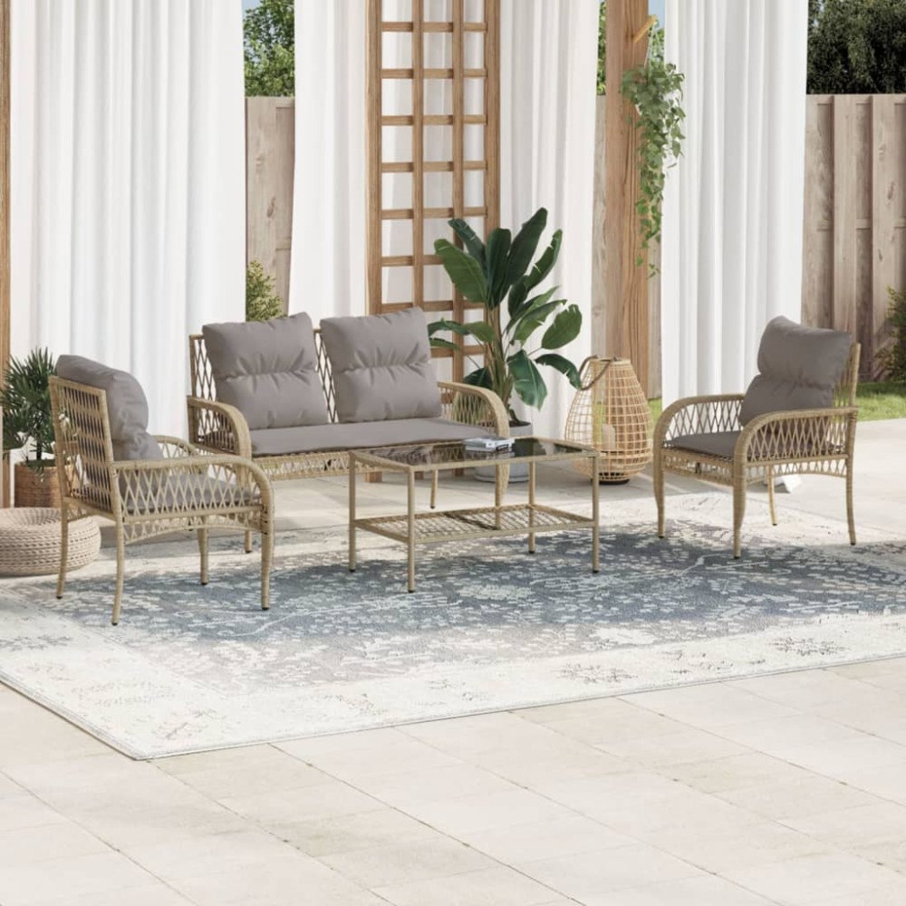 vidaXL Soffgrupp för trädgård med dynor 4 delar beige konstrotting