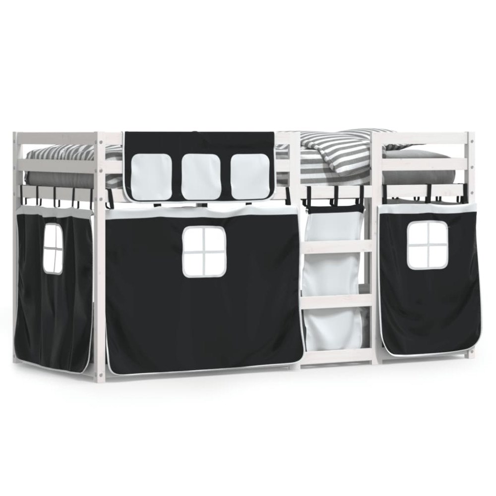 vidaXL Loftsäng med gardiner vit&svart 90x190 cm massiv furu