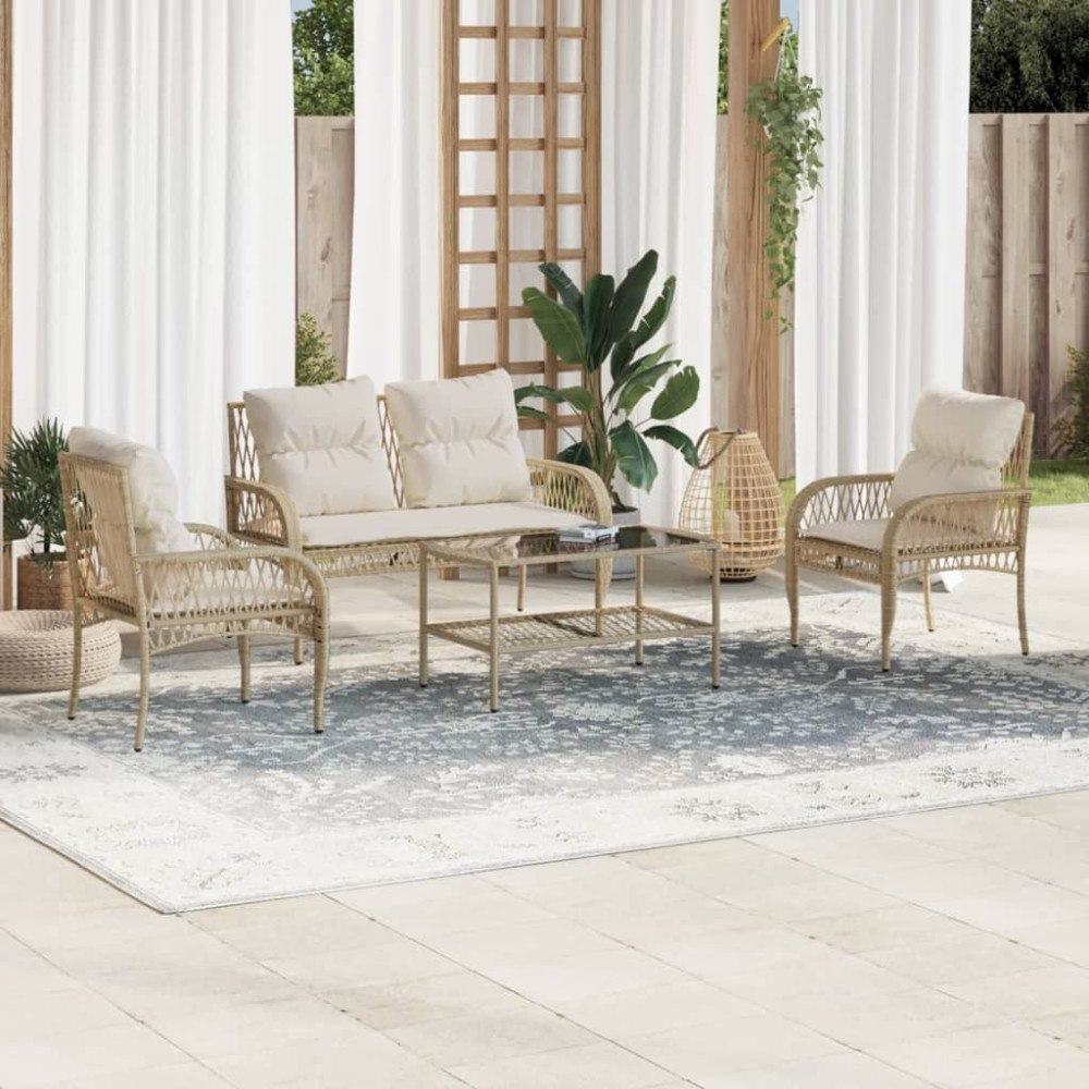 vidaXL Soffgrupp för trädgård med dynor 4 delar beige konstrotting