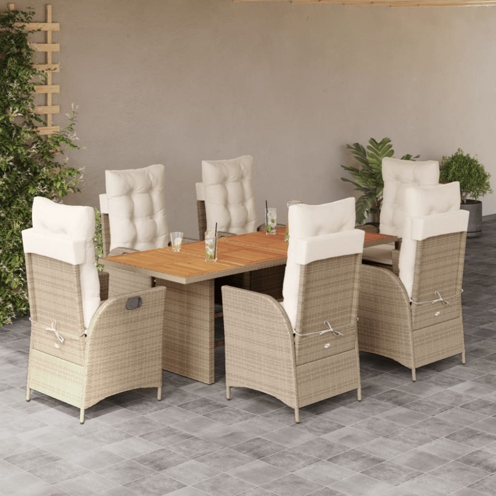 vidaXL Matgrupp för trädgården med dynor 7 delar beige konstrotting