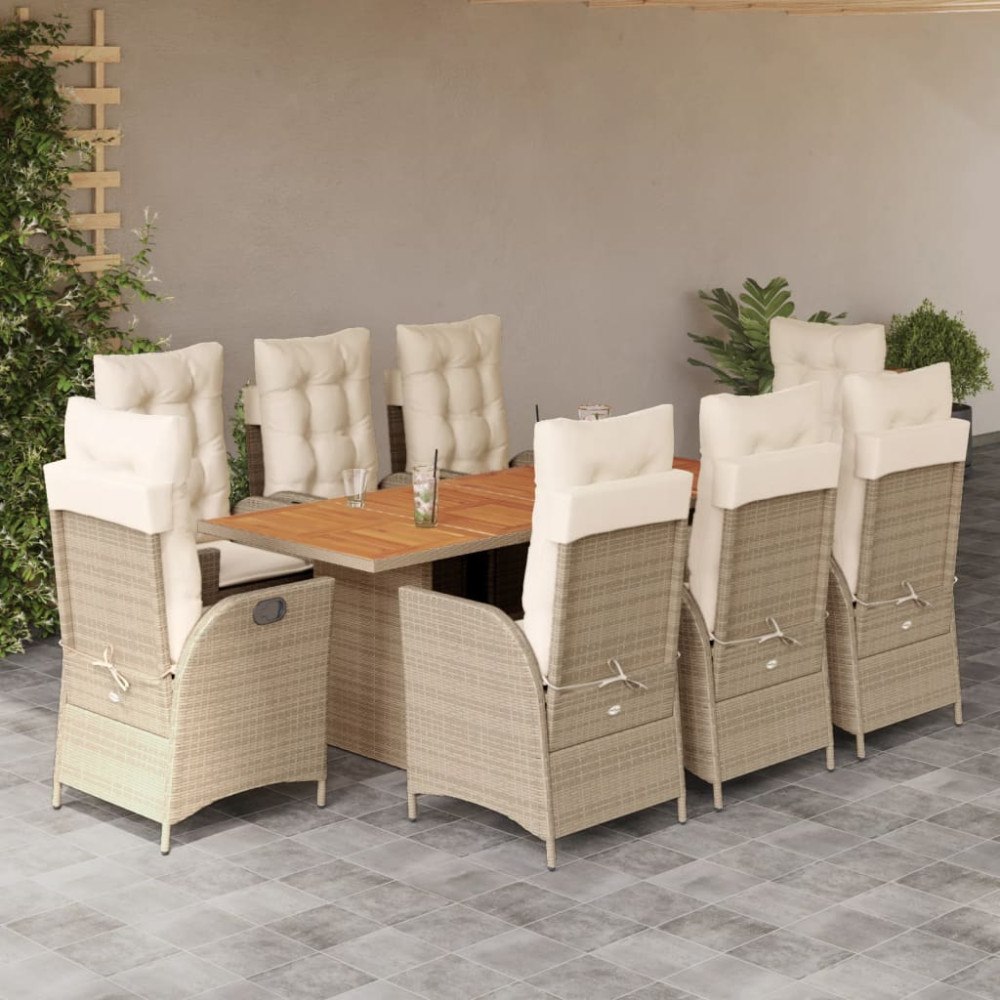 vidaXL Matgrupp för trädgården med dynor 9 delar beige konstrotting