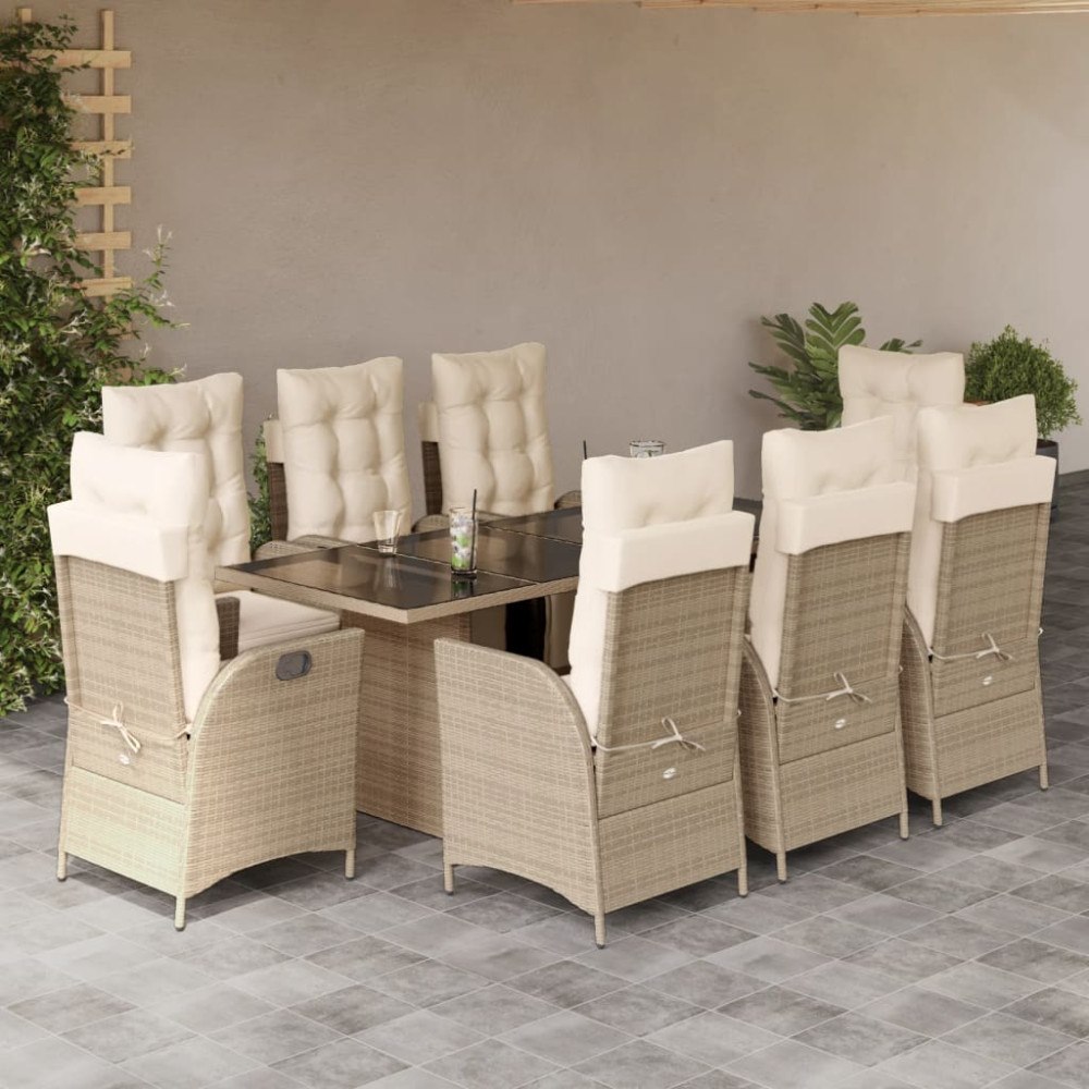 vidaXL Matgrupp för trädgården med dynor 9 delar beige konstrotting