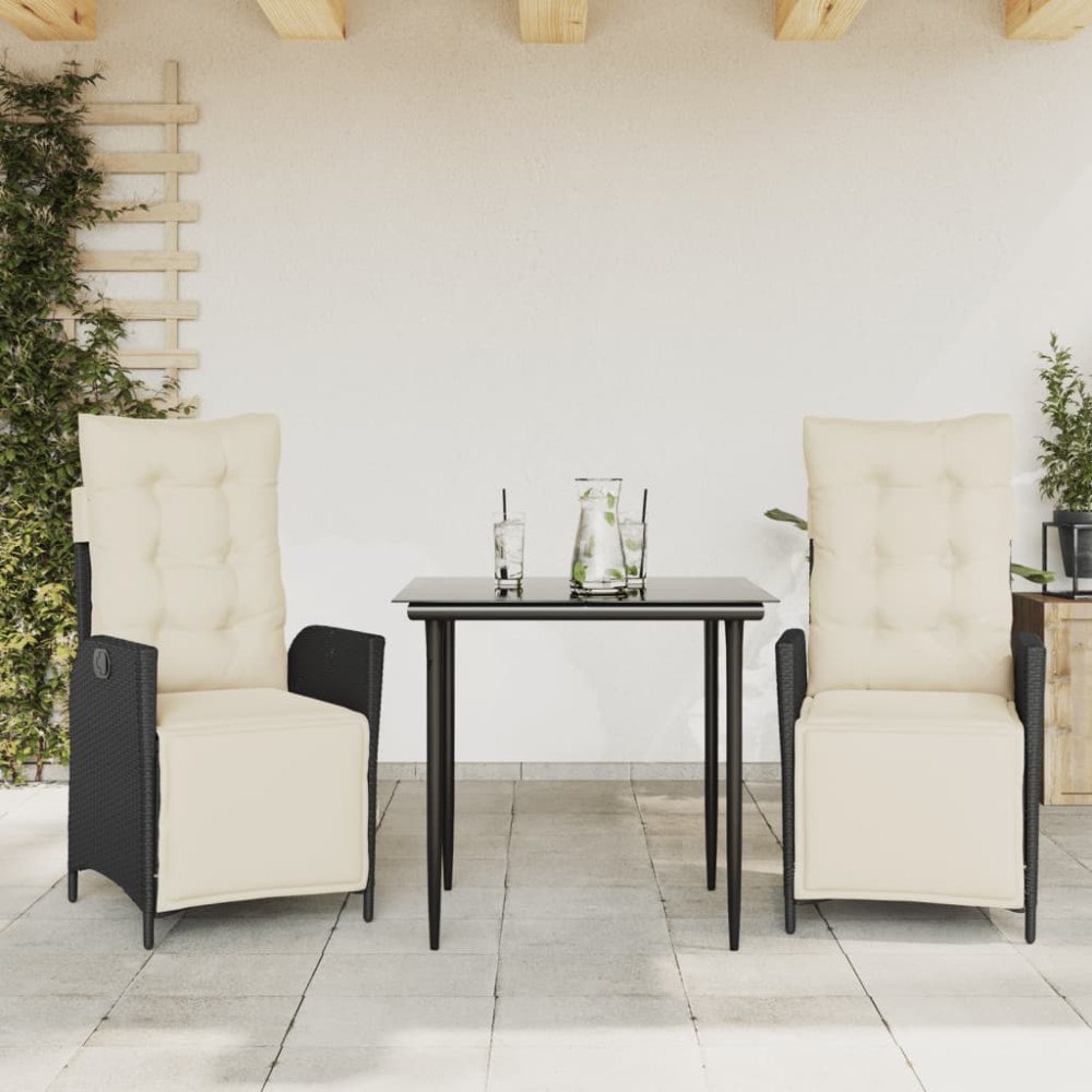 vidaXL Matgrupp för trädgården med dynor 3 delar svart konstrotting