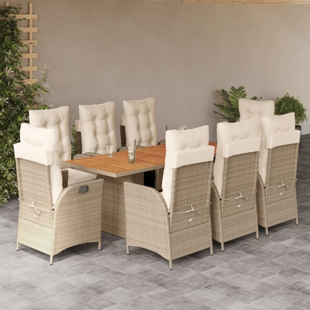 vidaXL Matgrupp för trädgården med dynor 9 delar beige konstrotting