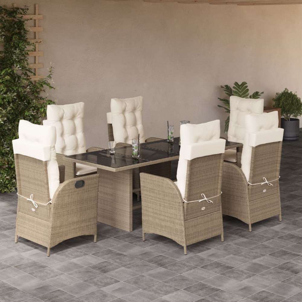 vidaXL Matgrupp för trädgården med dynor 7 delar beige konstrotting