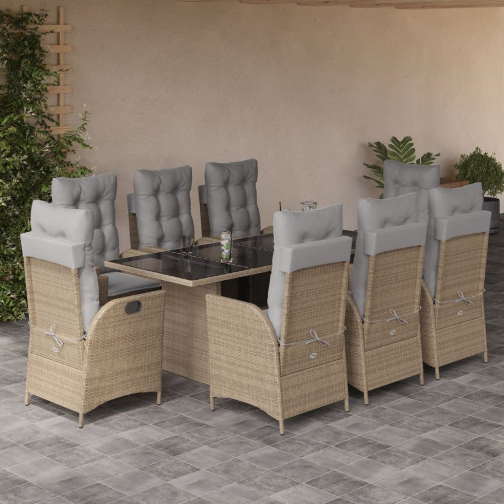 vidaXL Matgrupp för trädgården med dynor 9 delar mixbeige konstrotting