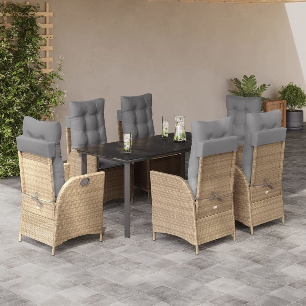vidaXL Matgrupp för trädgården med dynor 7 delar beige konstrotting