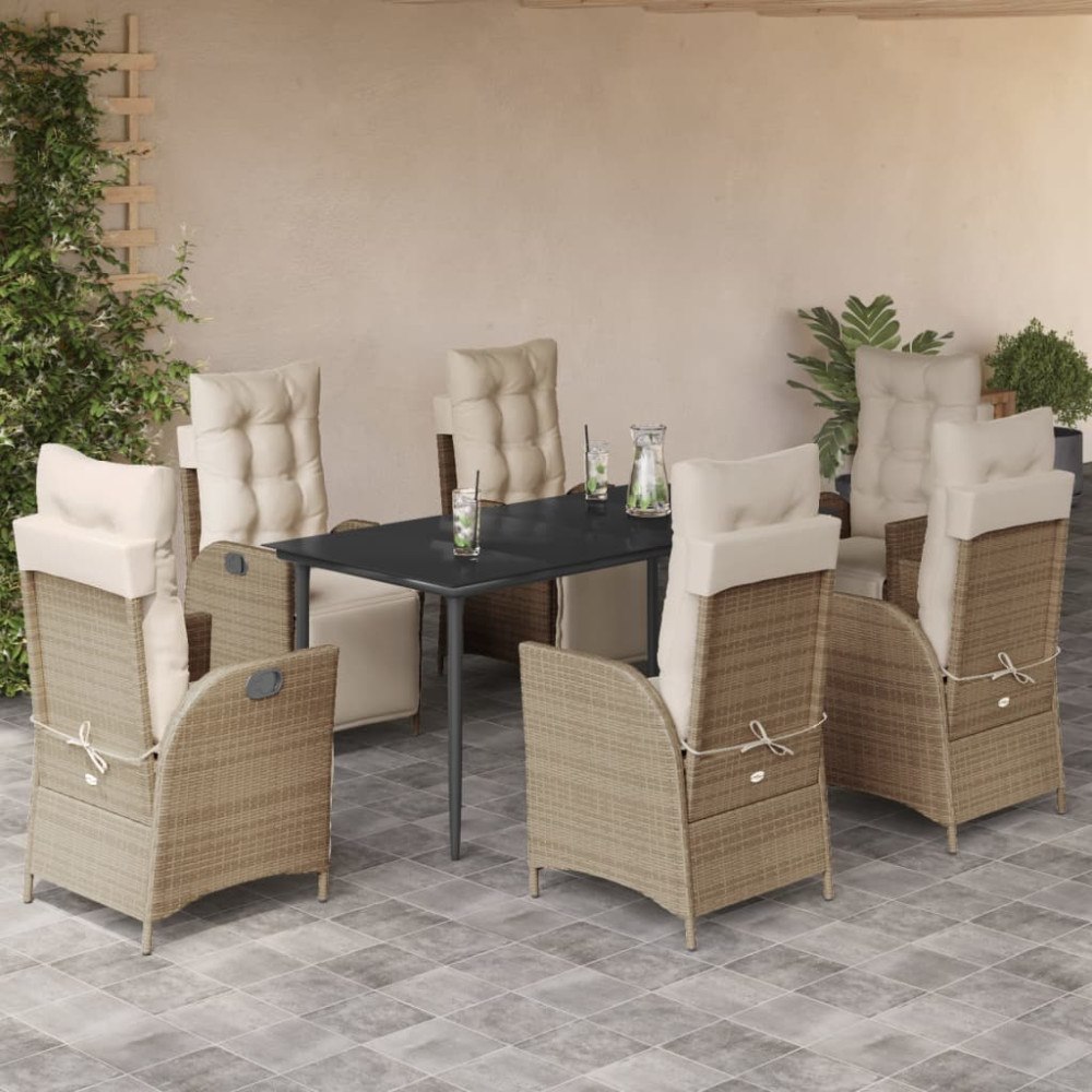 vidaXL Matgrupp för trädgården med dynor 7 delar beige konstrotting
