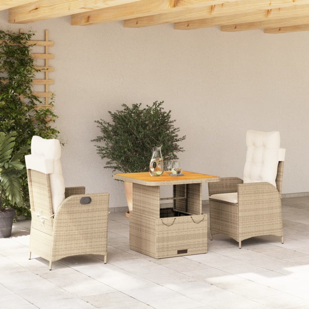vidaXL Matgrupp för trädgården 3 delar med dynor beige konstrotting
