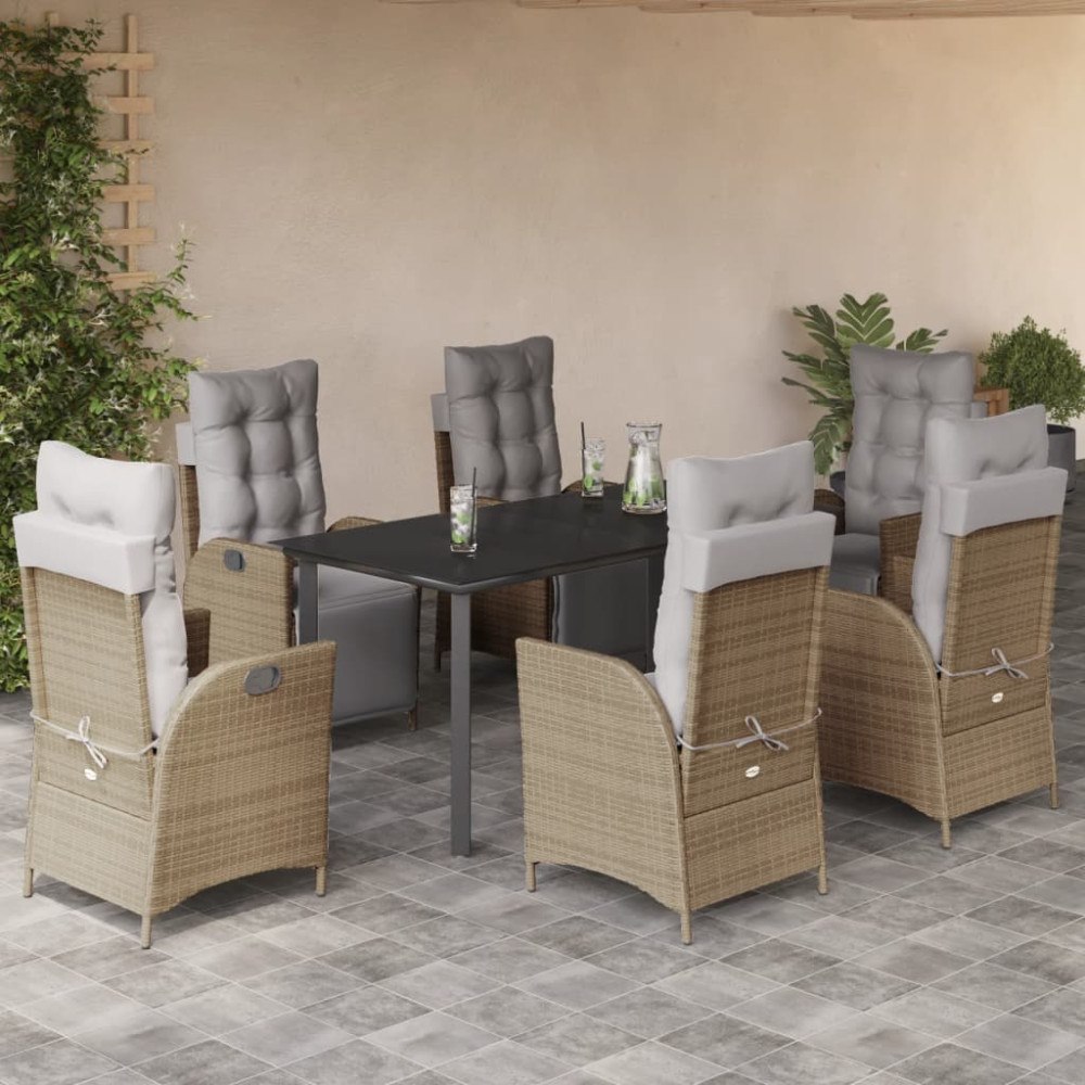 vidaXL Matgrupp för trädgården med dynor 7 delar mixbeige konstrotting
