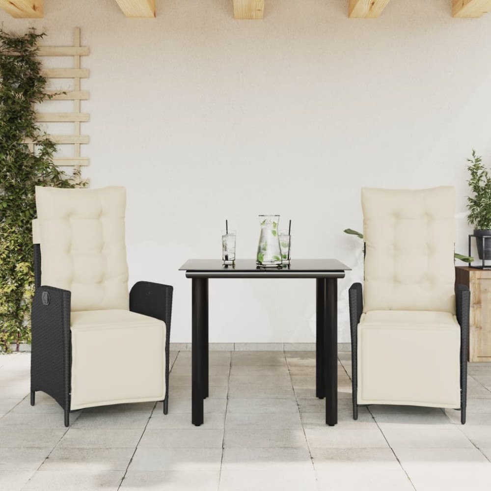 vidaXL Matgrupp för trädgården med dynor 3 delar svart konstrotting