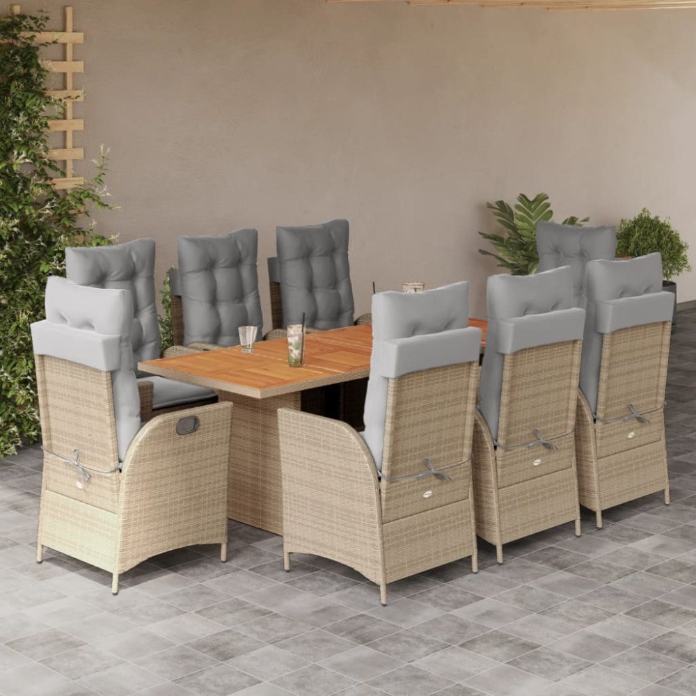 vidaXL Matgrupp för trädgården med dynor 9 delar mixbeige konstrotting