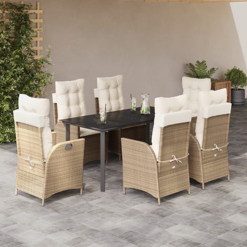 vidaXL Matgrupp för trädgården med dynor 7 delar beige konstrotting
